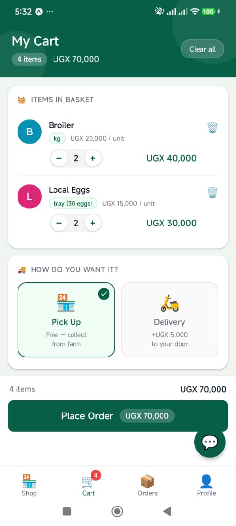Cart with pickup or delivery in the PoultryFlow customer app