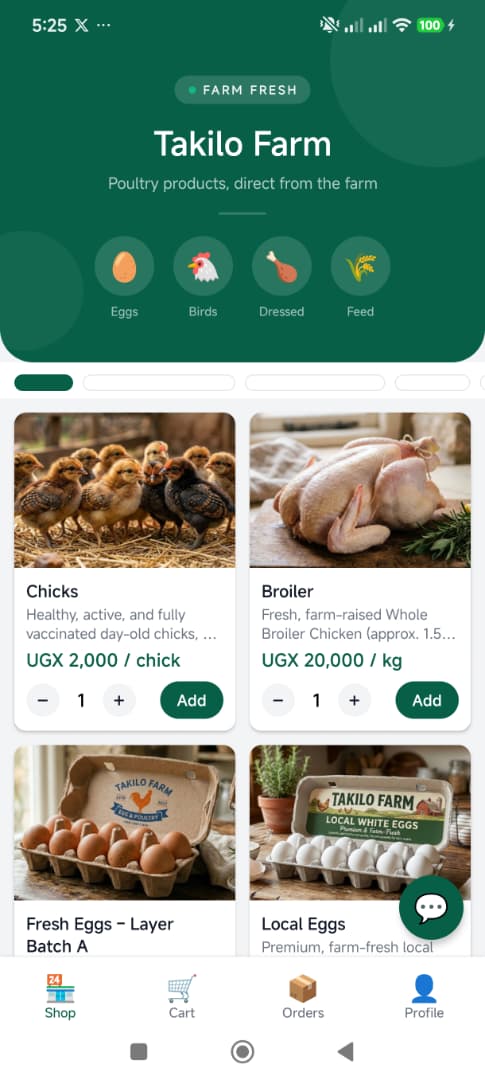 Browse farm products in the PoultryFlow customer app