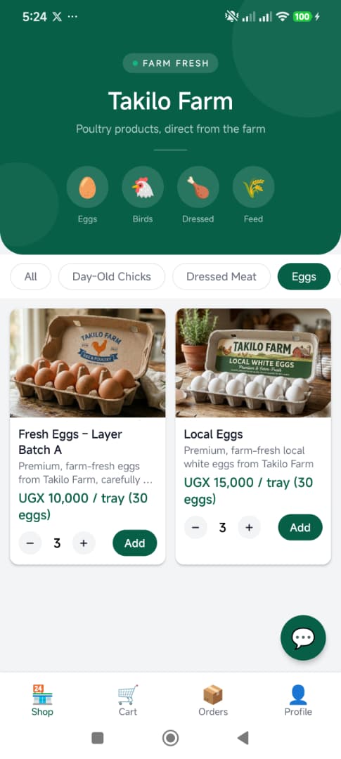 A farm's branded storefront in the PoultryFlow customer app