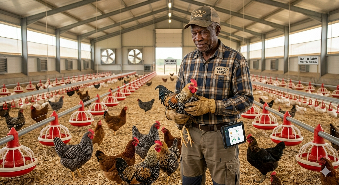 Farm owner with mobile tablet in poultry house